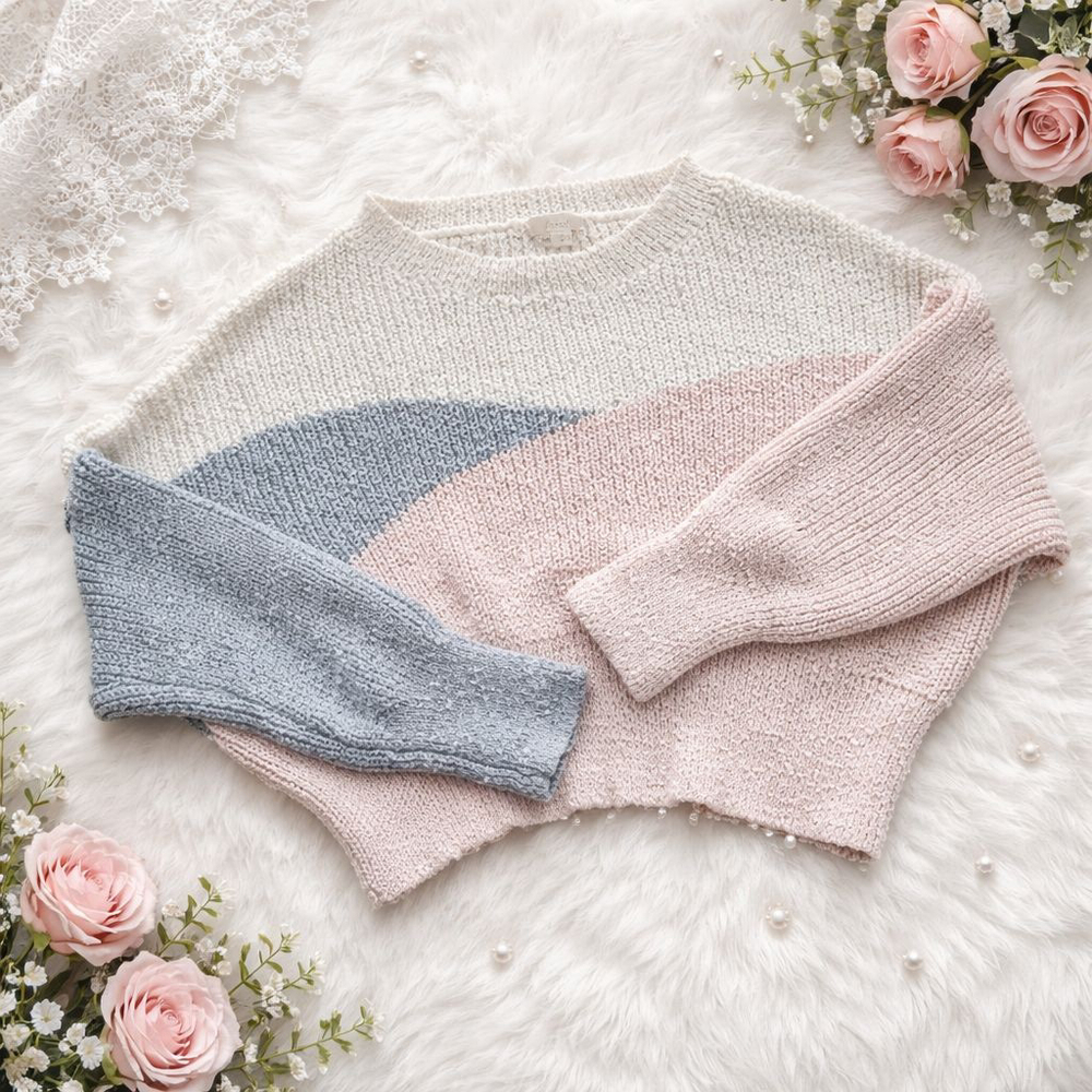 Women's Debut Colorblock Crew Neck Sweater S White Pink Blue Softgirl Cozycore